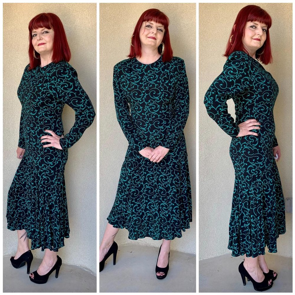 Vintage 90s Vine-Print Mermaid Skirt Dress
